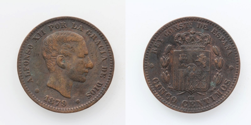 Spanien Alfonso XII. 5 Centimos 1879 OM Barcelona