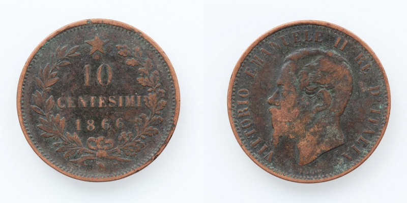 Italien Vittorio Emanuele II. 10 Centesimi 1866 N Neapel