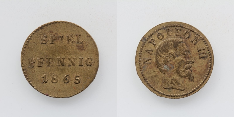 Messing Jeton Spiel Pfennig 1865 Napoleon III.