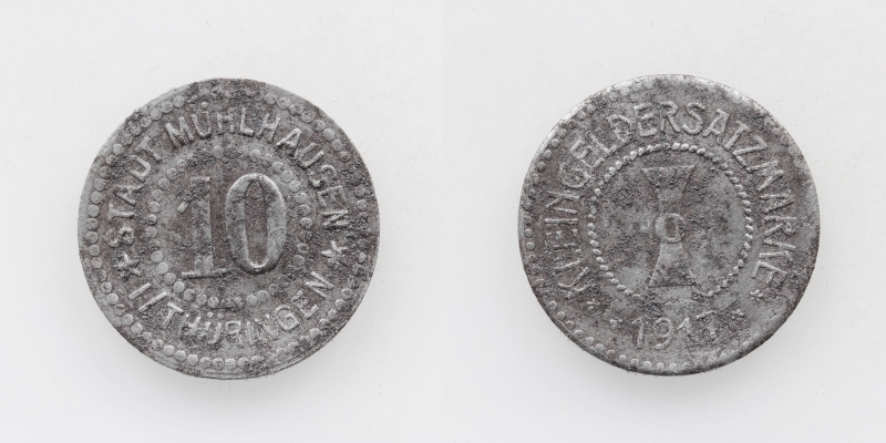 Kleingeldersatzmarke Stadt Mühlhausen 10 Pfennig 1917