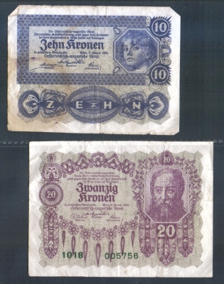Österreich-Ungarn 10 und 20 Kronen 1922 2 Stück