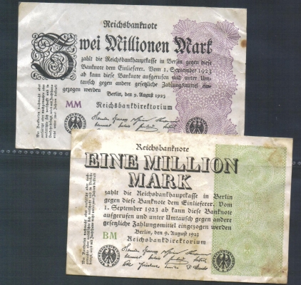 Deutsches Reich 2 und 1 Millionen Mark 1923 2 Stück