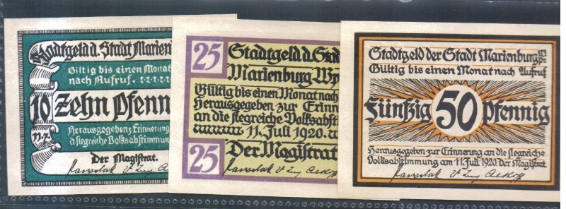 Westpreußen Marienburg 10, 25 und 50 Pfennig o.D. (1920)