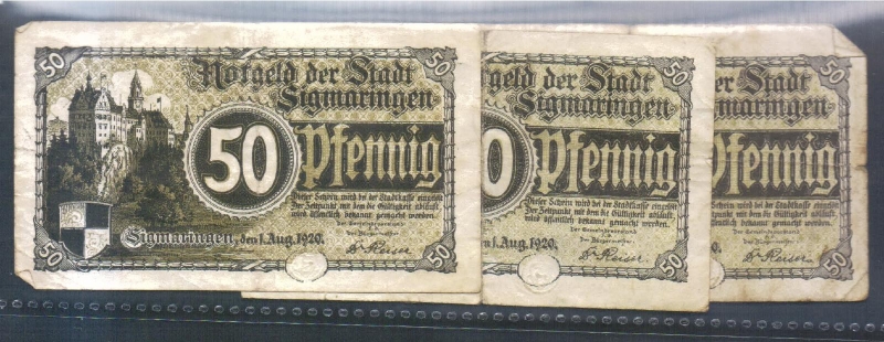 Hohenzollern Stadt Sigmaringen 3 x 50 Pfennig 1920