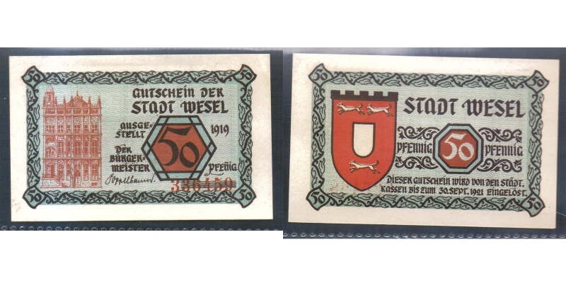 Rheinland Gutschein der Stadt Wesel 50 Pfennig 1919
