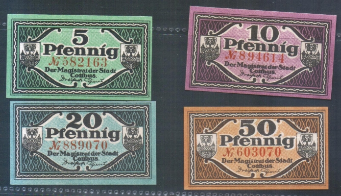 Brandenburg Cottbus 5,10,20 und 50 Pfennig 1920