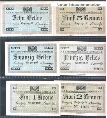 Kriegsgefangenenlager Aschach a.d. Donau 10, 20, 50 Heller 1, 2, 5 Kronen R!